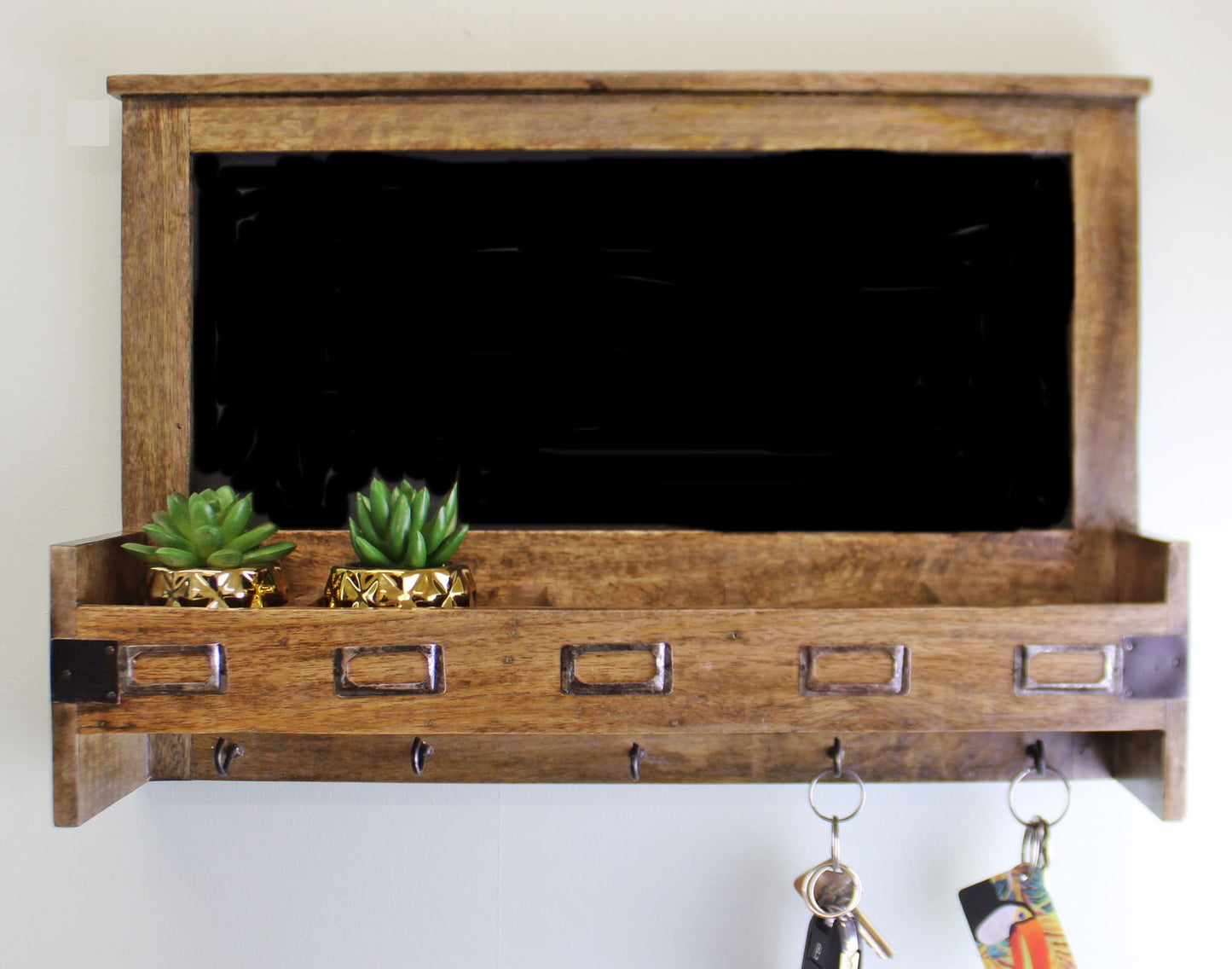 Mango Wood Blackboard with Storage & Key Hooks