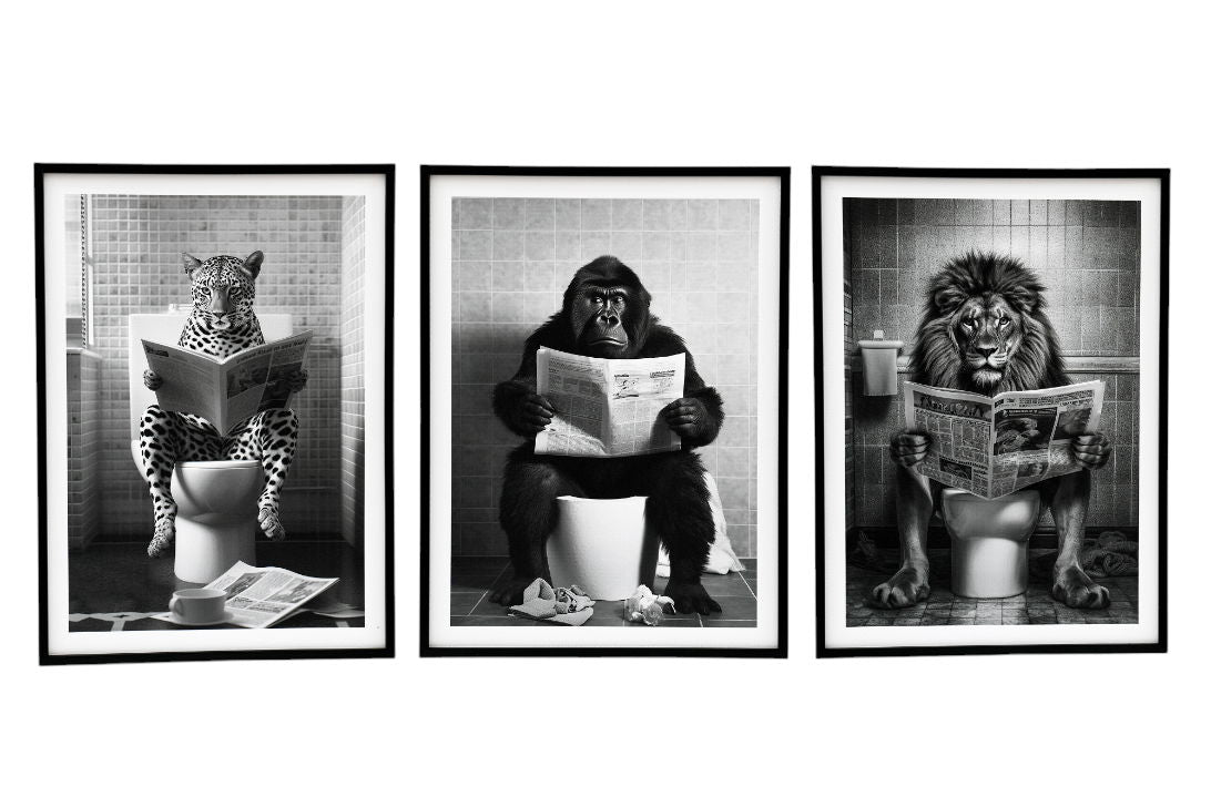Set of 3 Animal's on the Toilet Framed Canvas Large