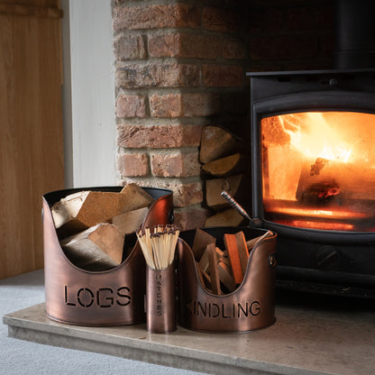 Antique Finish Logs And Kindling Buckets & Matchstick Holder