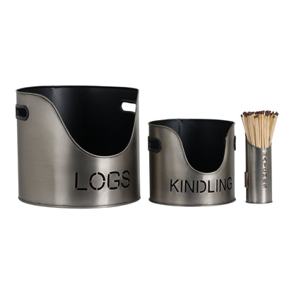 Antique Finish Logs And Kindling Buckets & Matchstick Holder