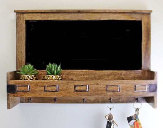 Mango Wood Blackboard with Storage & Key Hooks