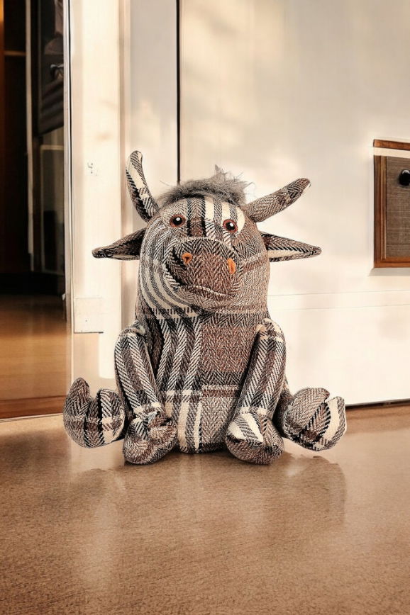 Grey Fabric Tartan Bull Doorstop