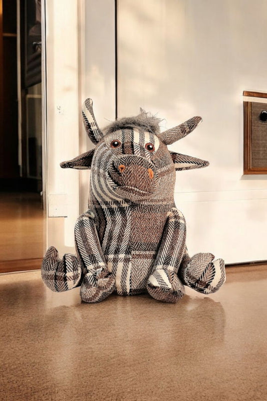 Grey Fabric Tartan Bull Doorstop