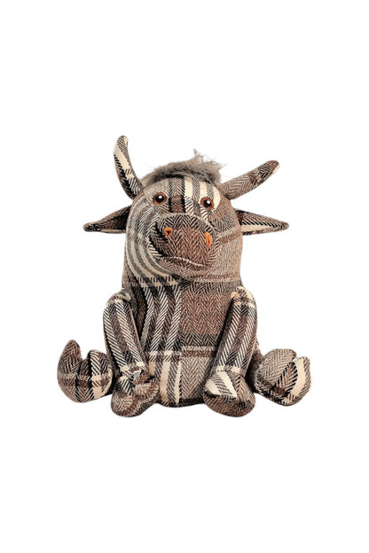 Grey Fabric Tartan Bull Doorstop