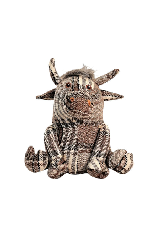 Grey Fabric Tartan Bull Doorstop