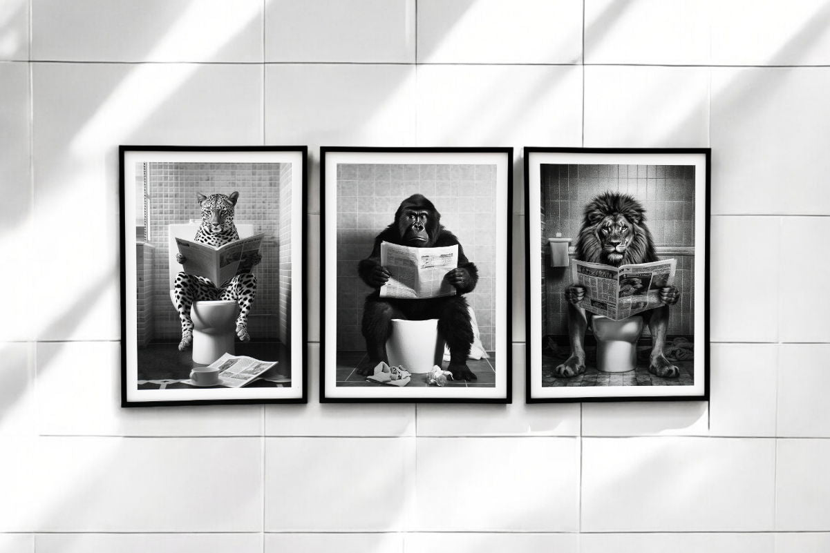 Set of 3 Animal's on the Toilet Framed Canvas Large